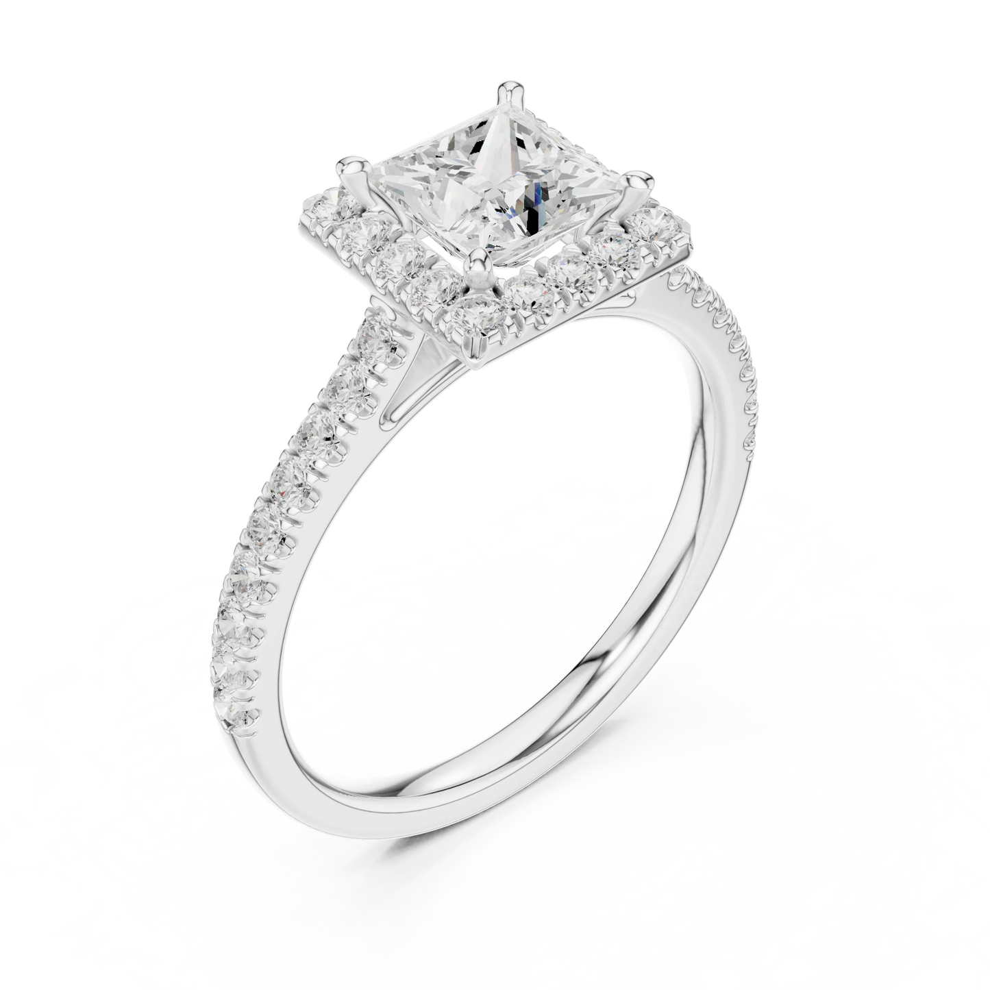 Top view of white gold princess-cut halo ring with pav茅 diamond band and lab-grown center stone