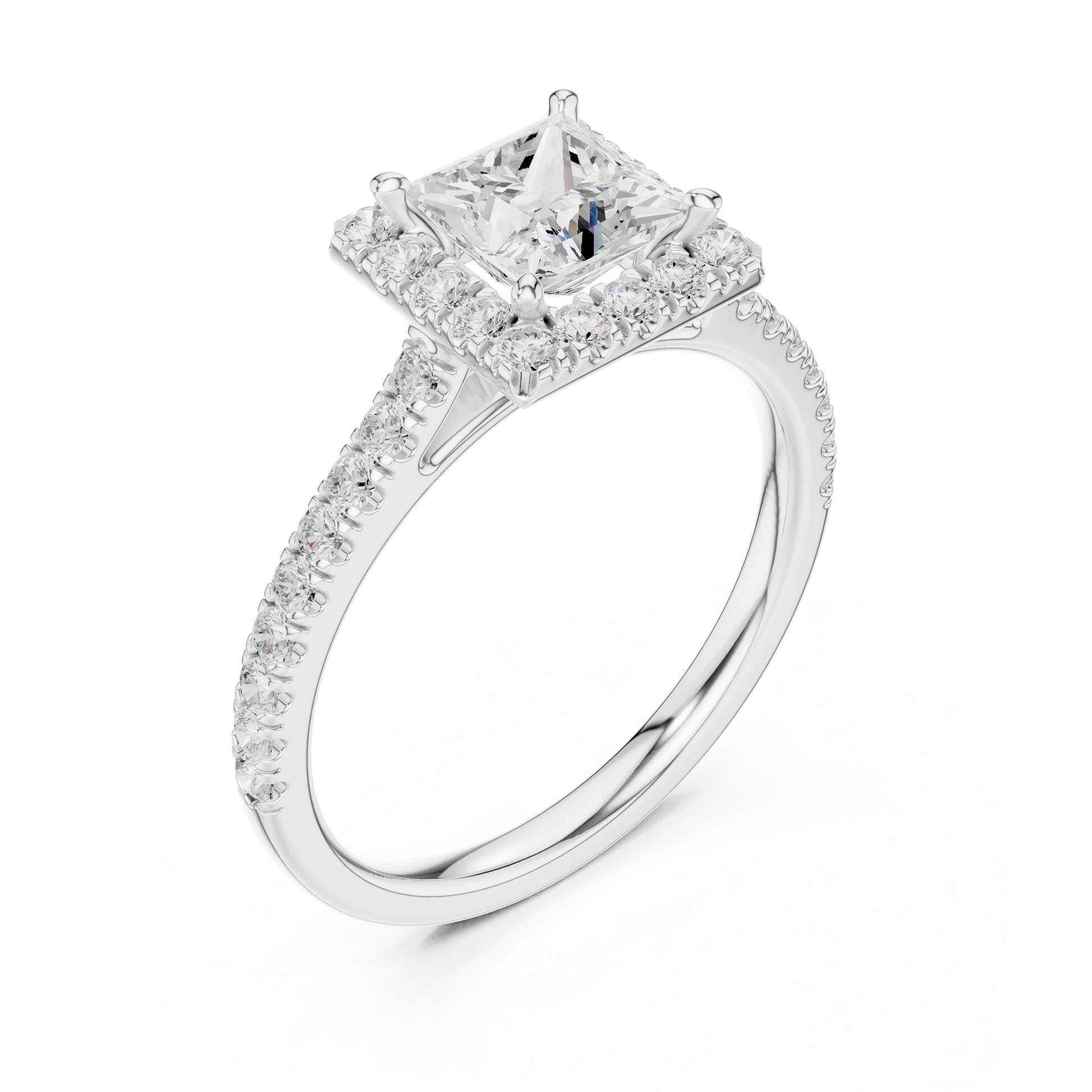 Top view of white gold princess-cut halo ring with pav茅 diamond band and lab-grown center stone