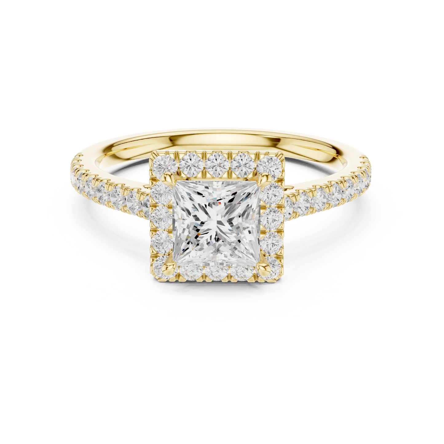 Yellow gold princess-cut halo ring with pav茅 diamond band and lab-grown center stone