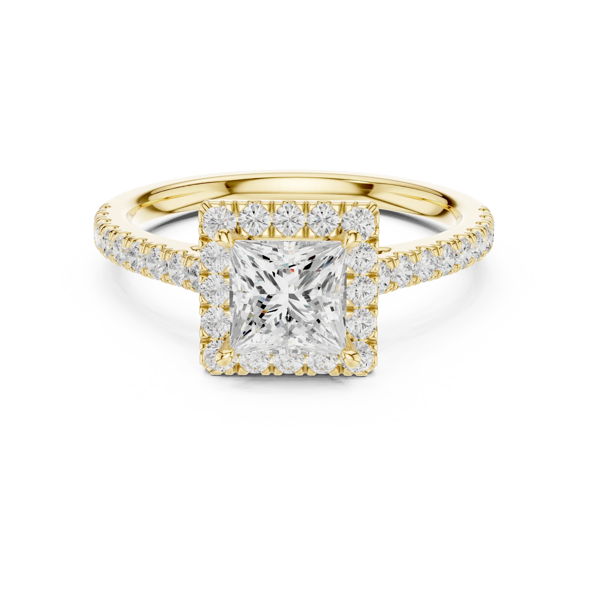 Yellow gold princess-cut halo ring with pav茅 diamond band and lab-grown center stone