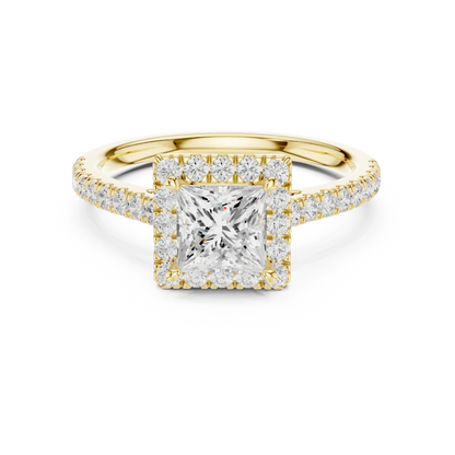 Yellow gold princess-cut halo ring with pav茅 diamond band and lab-grown center stone
