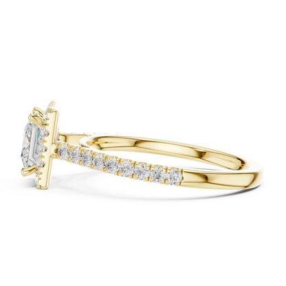Side view of yellow gold princess-cut halo ring with pav茅 diamond band and lab-grown center stone