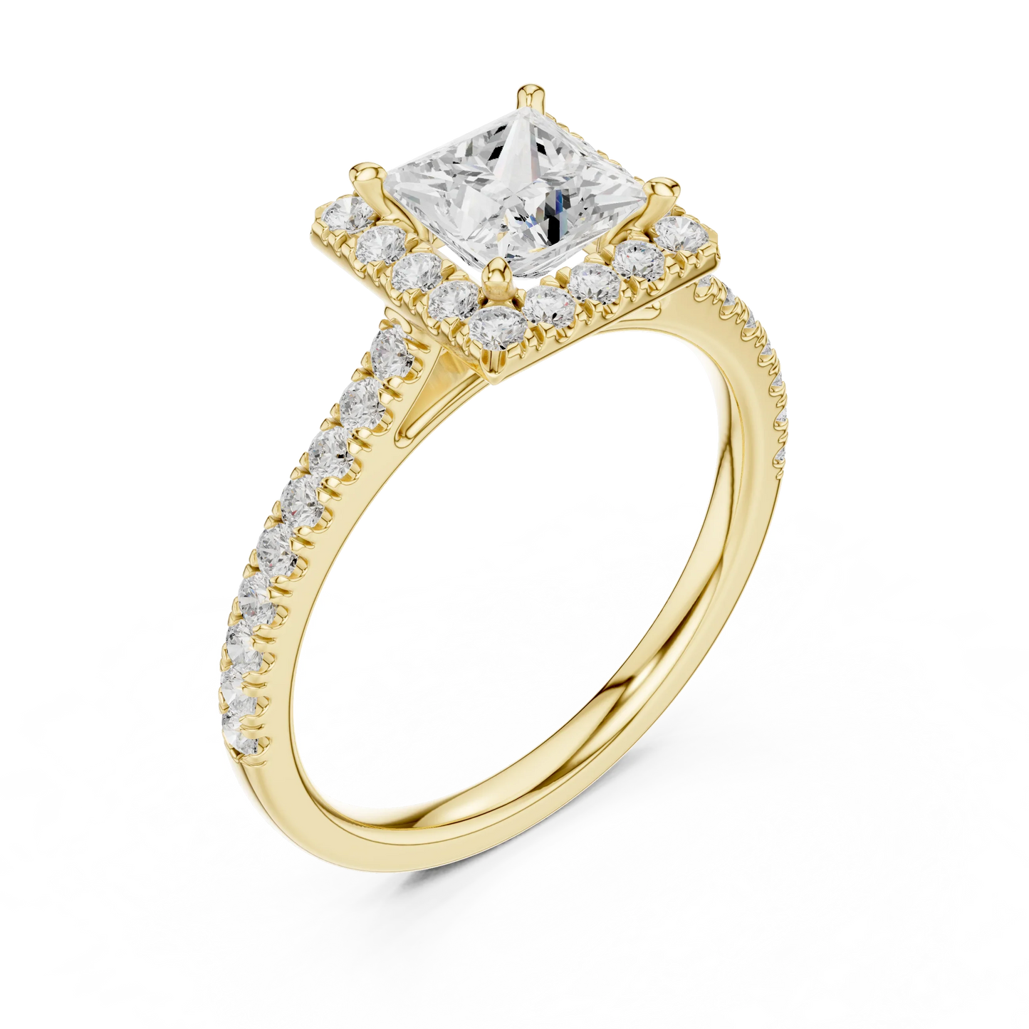 Top Front view of yellow gold princess-cut halo ring with pav茅 diamond band and lab-grown center stone