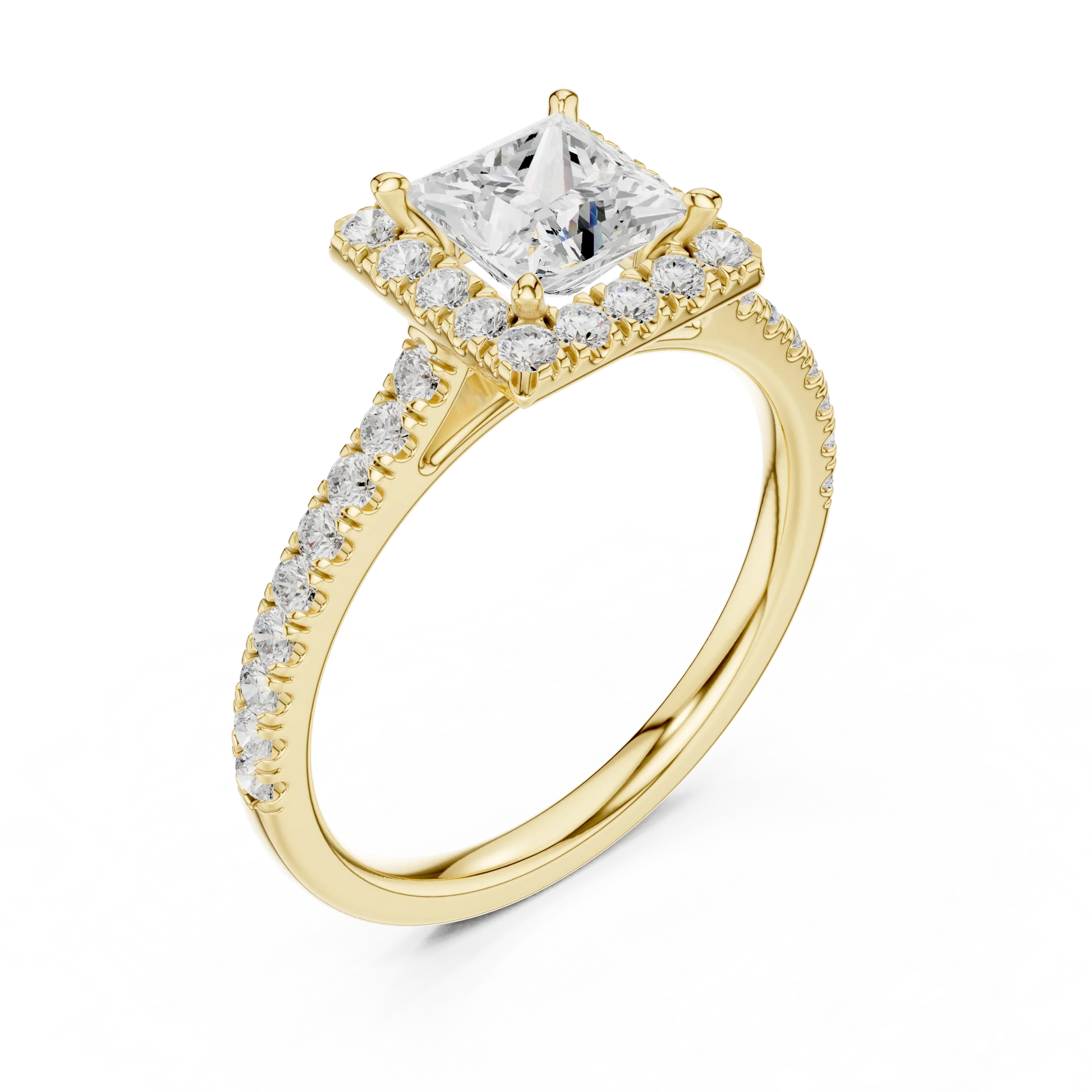 Top Front view of yellow gold princess-cut halo ring with pav茅 diamond band and lab-grown center stone