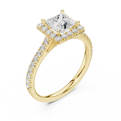 Top Front view of yellow gold princess-cut halo ring with pav茅 diamond band and lab-grown center stone