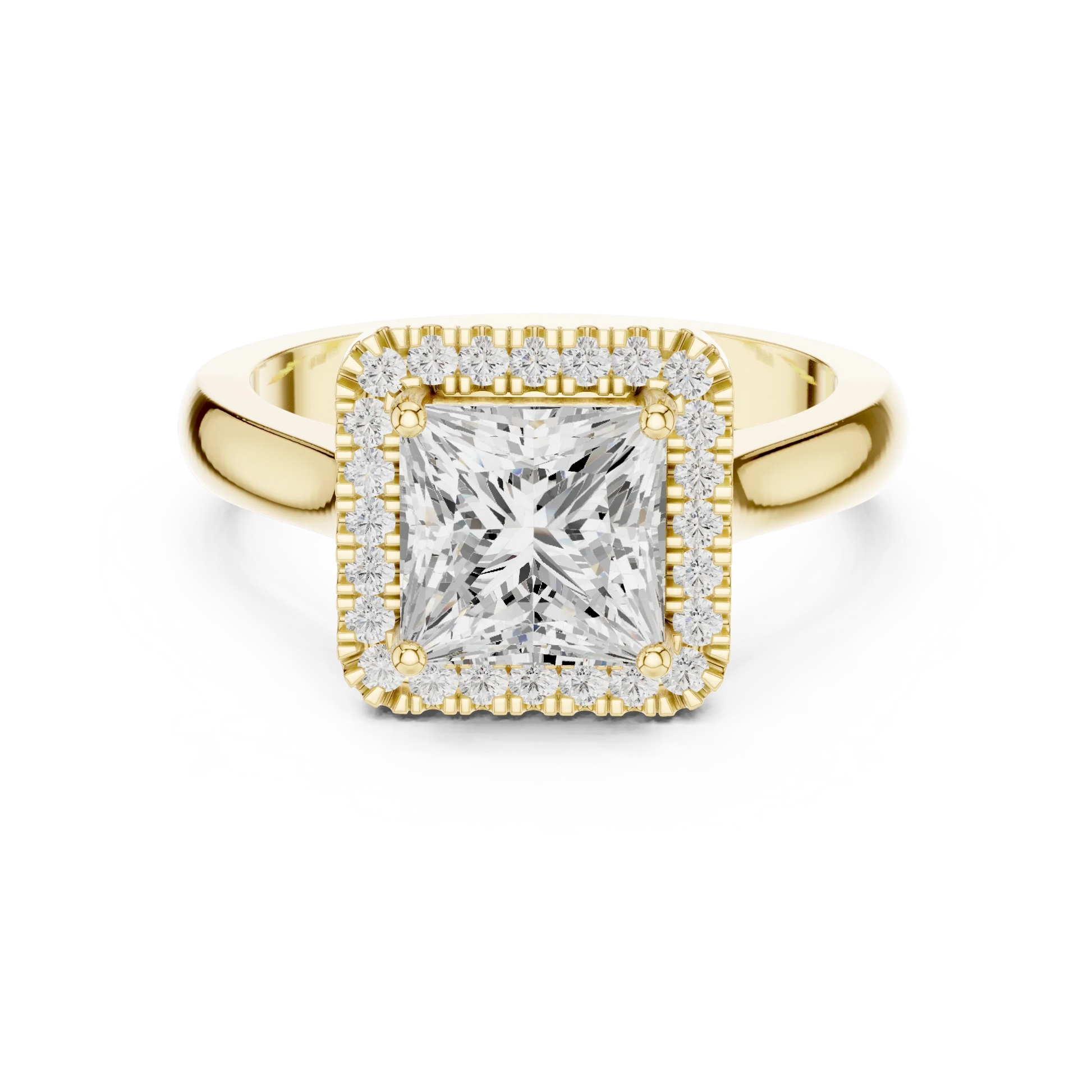 Princess cut halo ring with lab-grown diamond in yellow gold with classic luxury appeal
