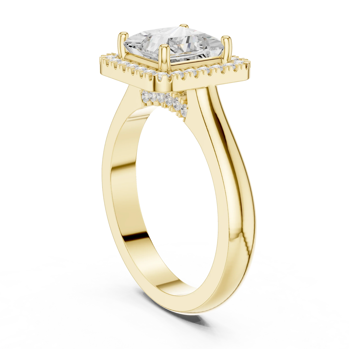 Back view of yellow gold princess halo ring with lab-grown diamond and smooth band