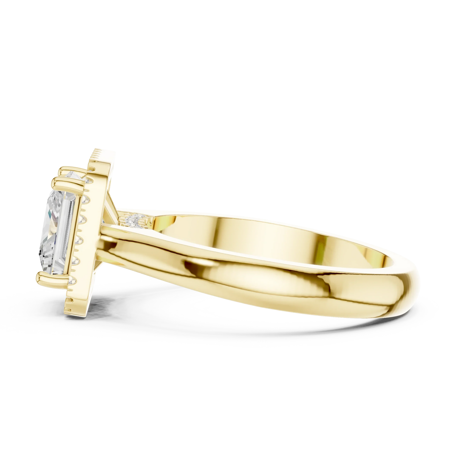 Side profile of yellow gold princess halo ring highlighting diamond setting and structure