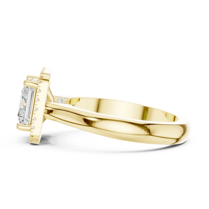 Side profile of yellow gold princess halo ring highlighting diamond setting and structure