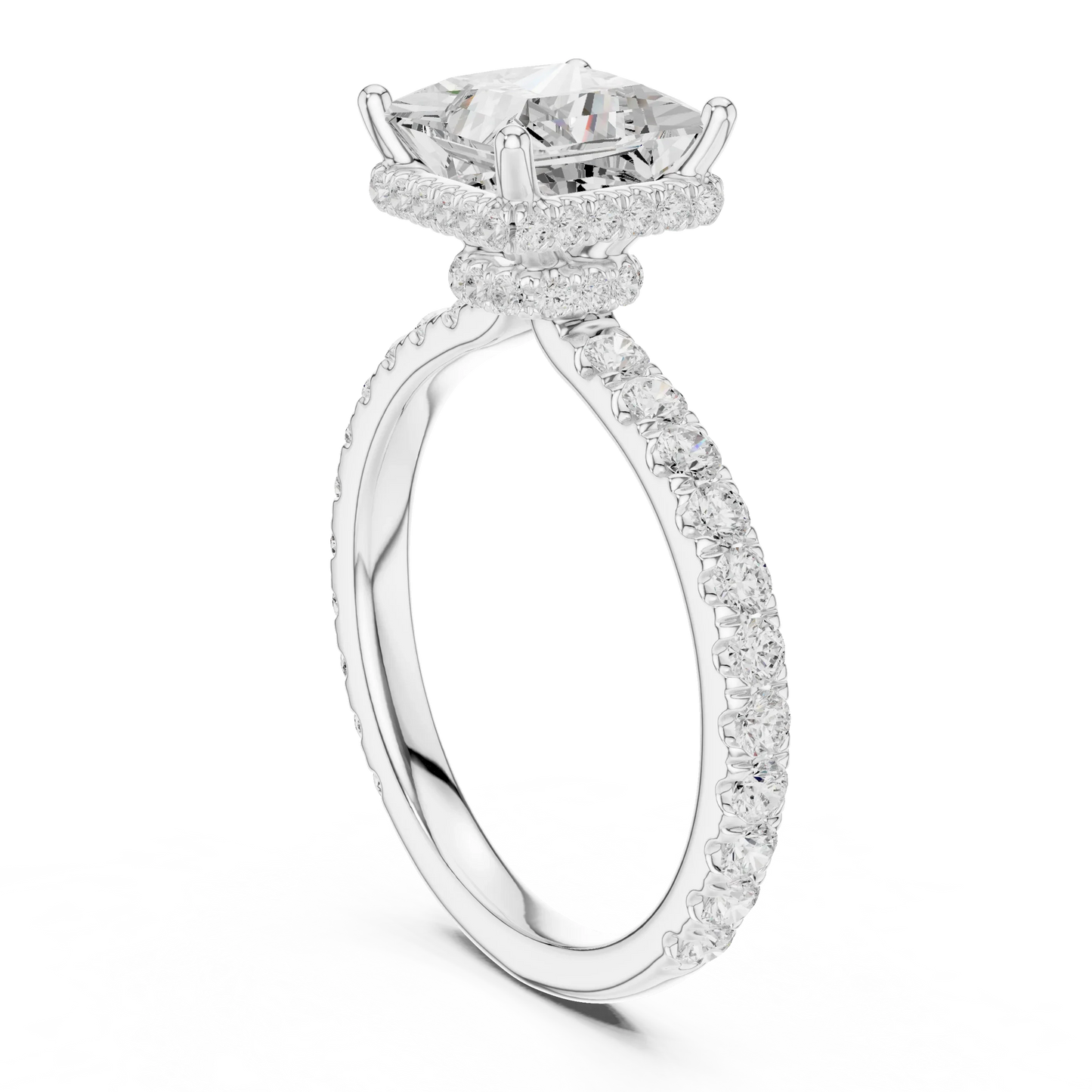 Back view of white gold princess hidden halo ring with pave diamond band and lab-grown diamond 鈥?Australia