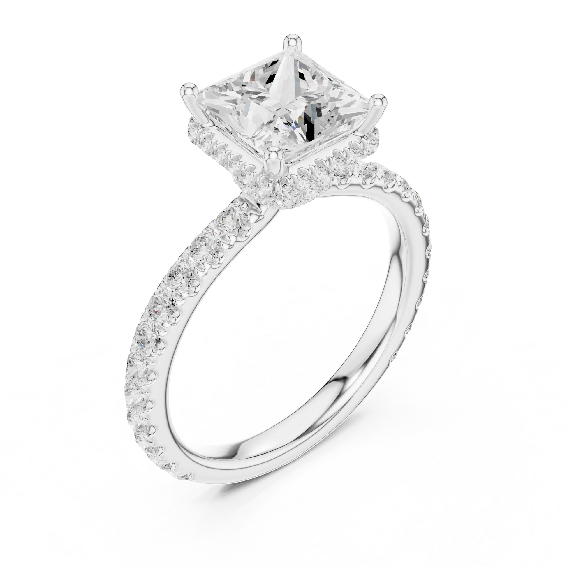 Front view of white gold princess hidden halo ring with pave diamond band and lab-grown diamond 鈥?Australia