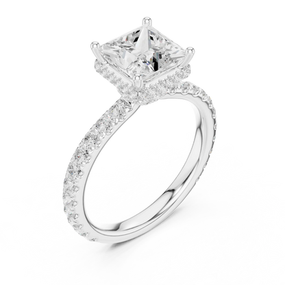Front view of white gold princess hidden halo ring with pave diamond band and lab-grown diamond 鈥?Australia