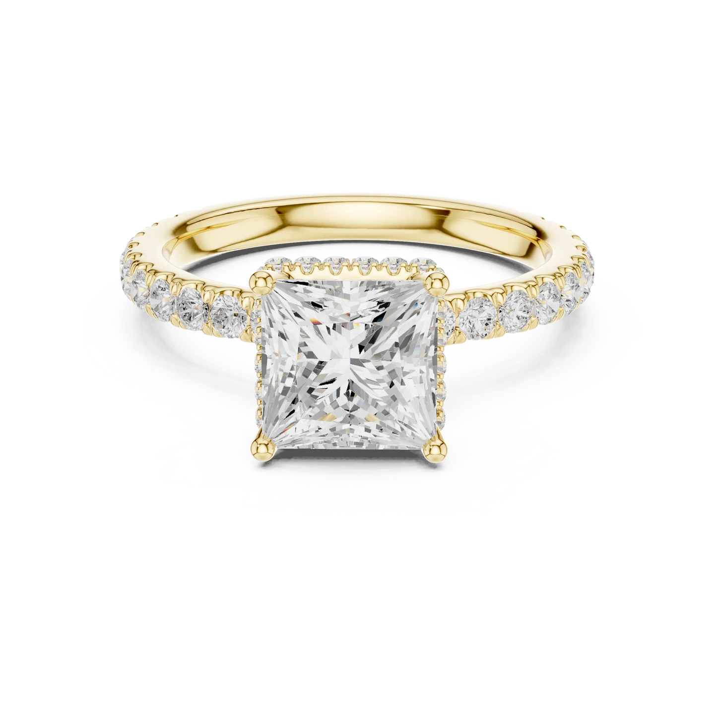 Princess hidden halo ring in yellow gold with pave diamond band and lab-grown diamond 鈥?Australia