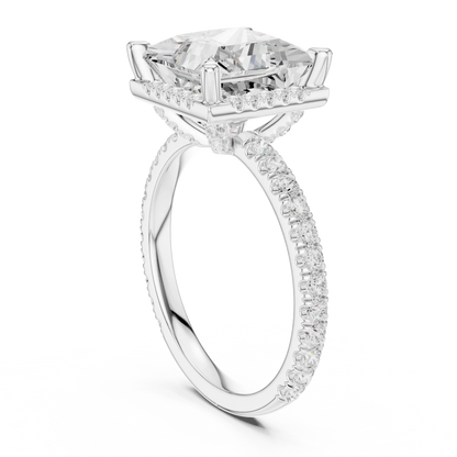 Back view of white gold princess cut micro halo ring showing pav茅 diamond band and halo setting details
