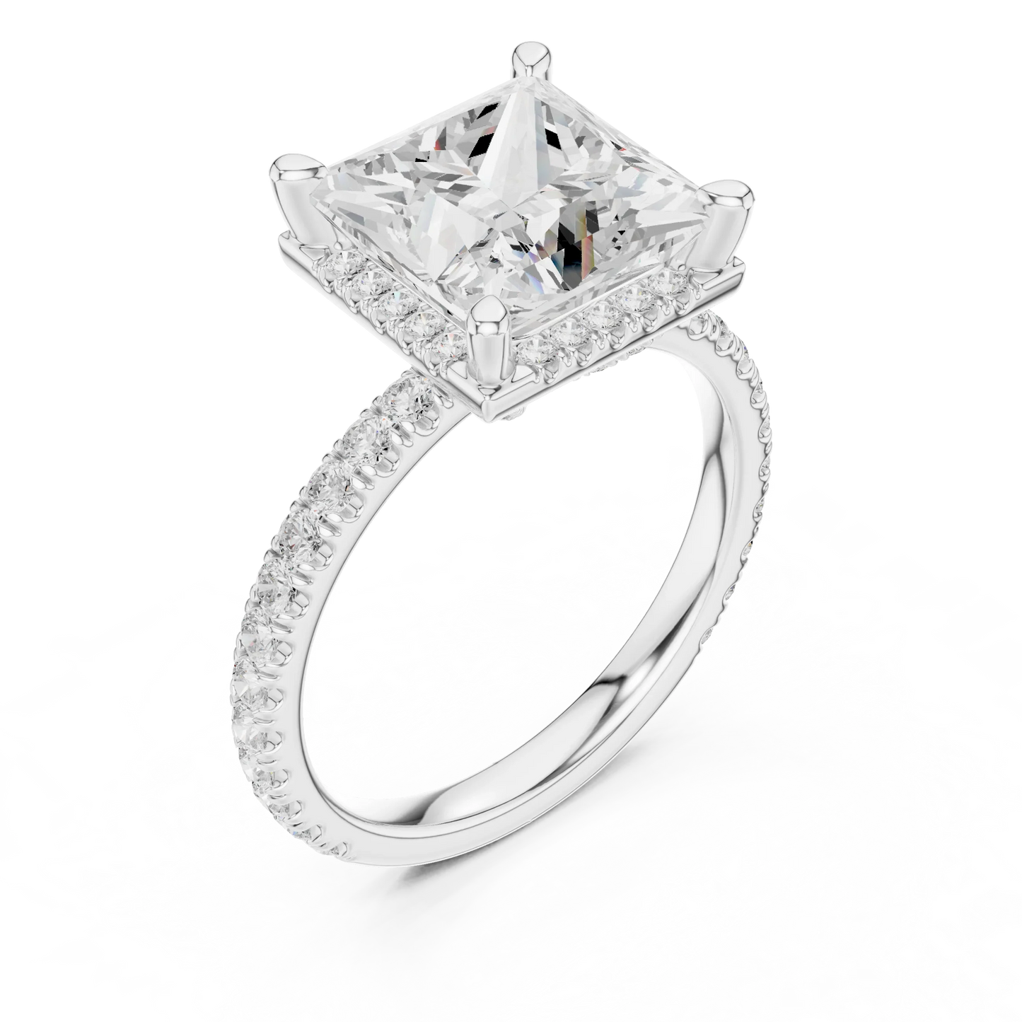 Front view of white gold princess cut micro halo ring with pav茅 diamond band and lab-created diamond