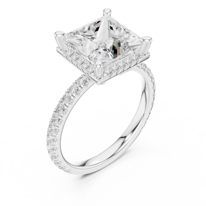 Front view of white gold princess cut micro halo ring with pav茅 diamond band and lab-created diamond