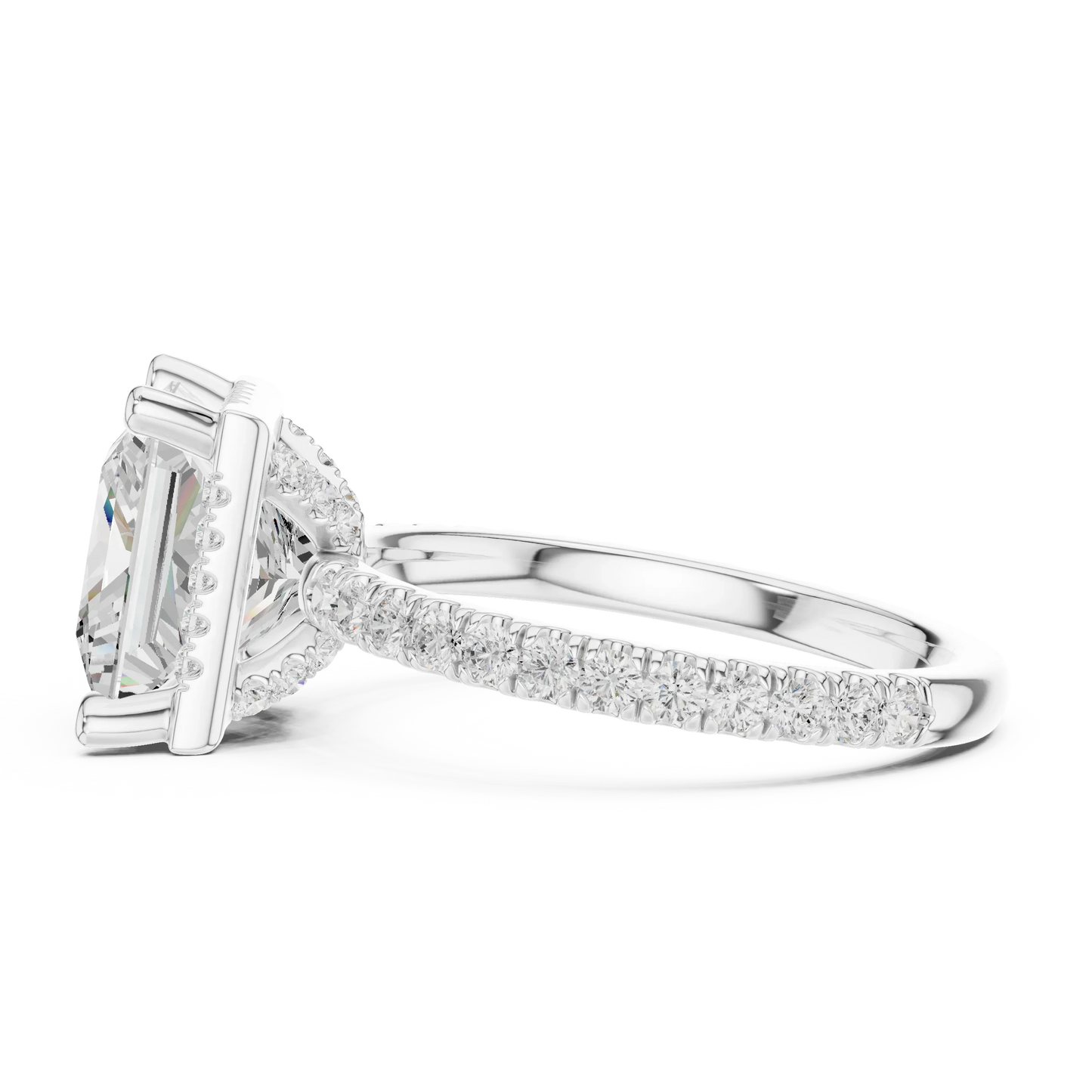 Side view of white gold princess cut micro halo ring highlighting pav茅 diamond band and halo profile