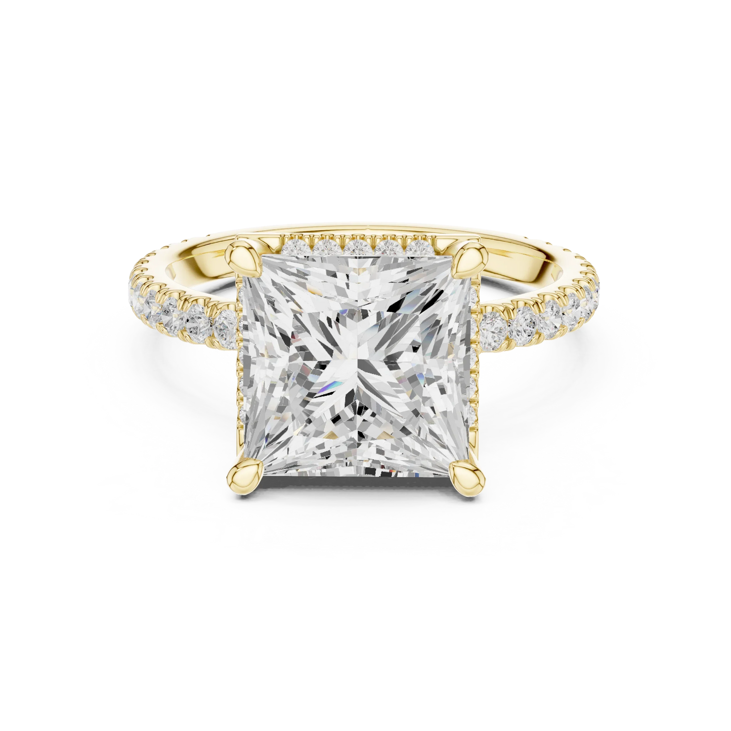 Yellow gold princess cut micro halo ring with pav茅 diamond band featuring lab-grown diamond, classic style