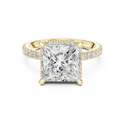 Yellow gold princess cut micro halo ring with pav茅 diamond band featuring lab-grown diamond, classic style