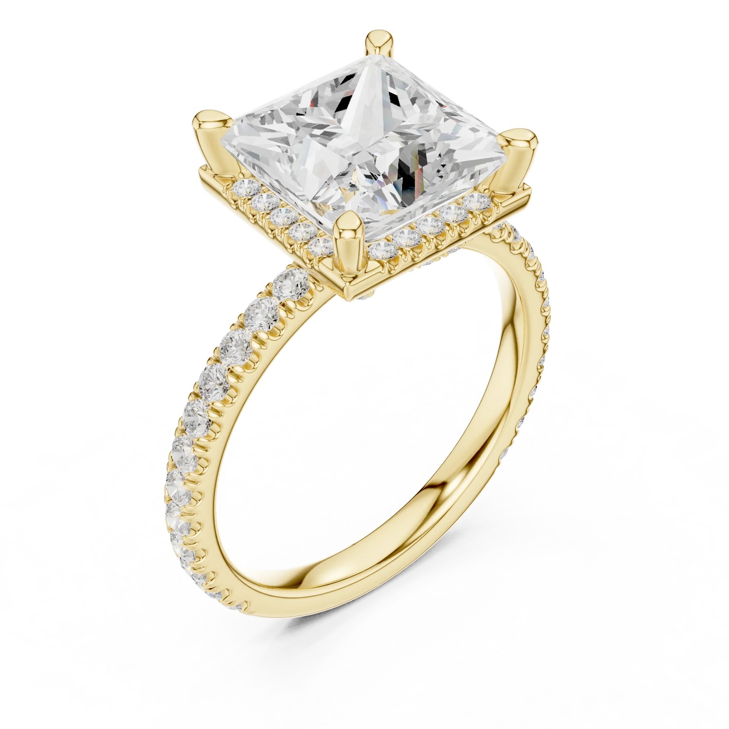 Front view of yellow gold princess cut micro halo ring with pav茅 diamond band and lab-created diamond