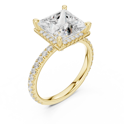 Front view of yellow gold princess cut micro halo ring with pav茅 diamond band and lab-created diamond