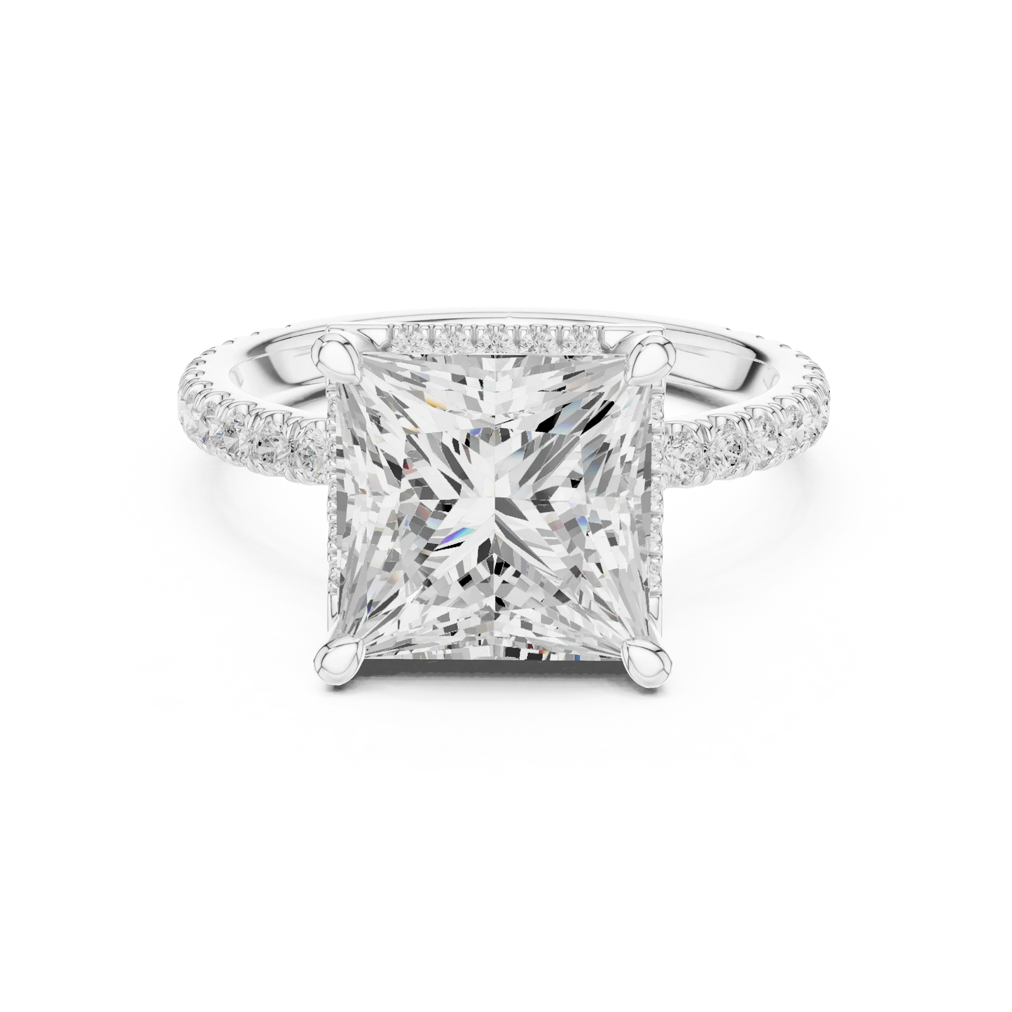 White gold princess cut micro halo ring with pav茅 diamond band featuring lab-grown diamond, elegant design