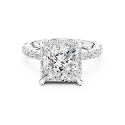 White gold princess cut micro halo ring with pav茅 diamond band featuring lab-grown diamond, elegant design