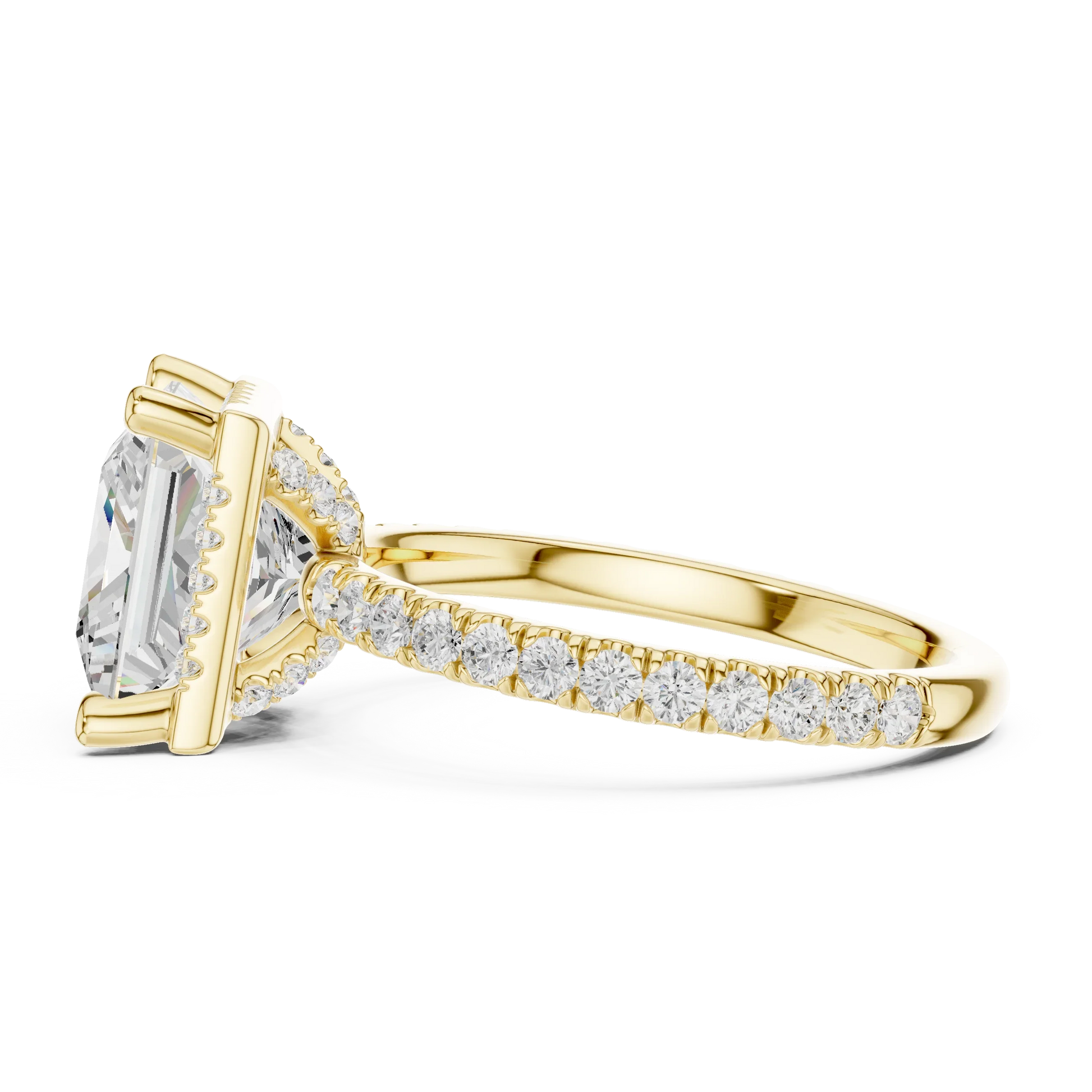 Side view of yellow gold princess cut micro halo ring highlighting pav茅 diamond band and halo profile