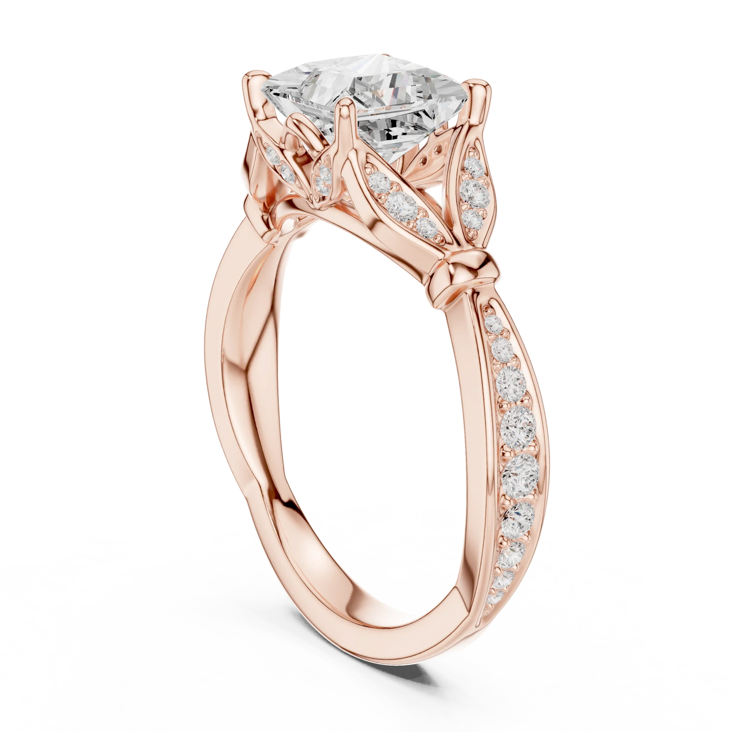Back side view of rose gold princess solitaire ring with floral milgrain pave band and lab-grown diamond – Australia