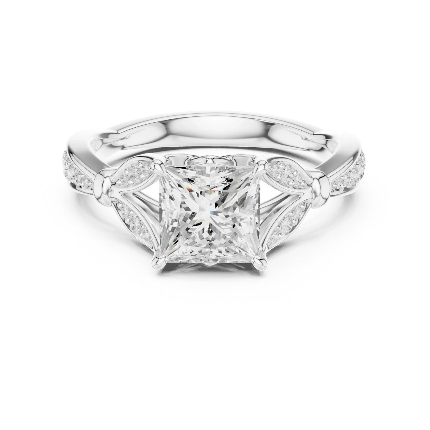 Princess solitaire ring in white gold with floral milgrain pave band and lab-grown diamond – Australia