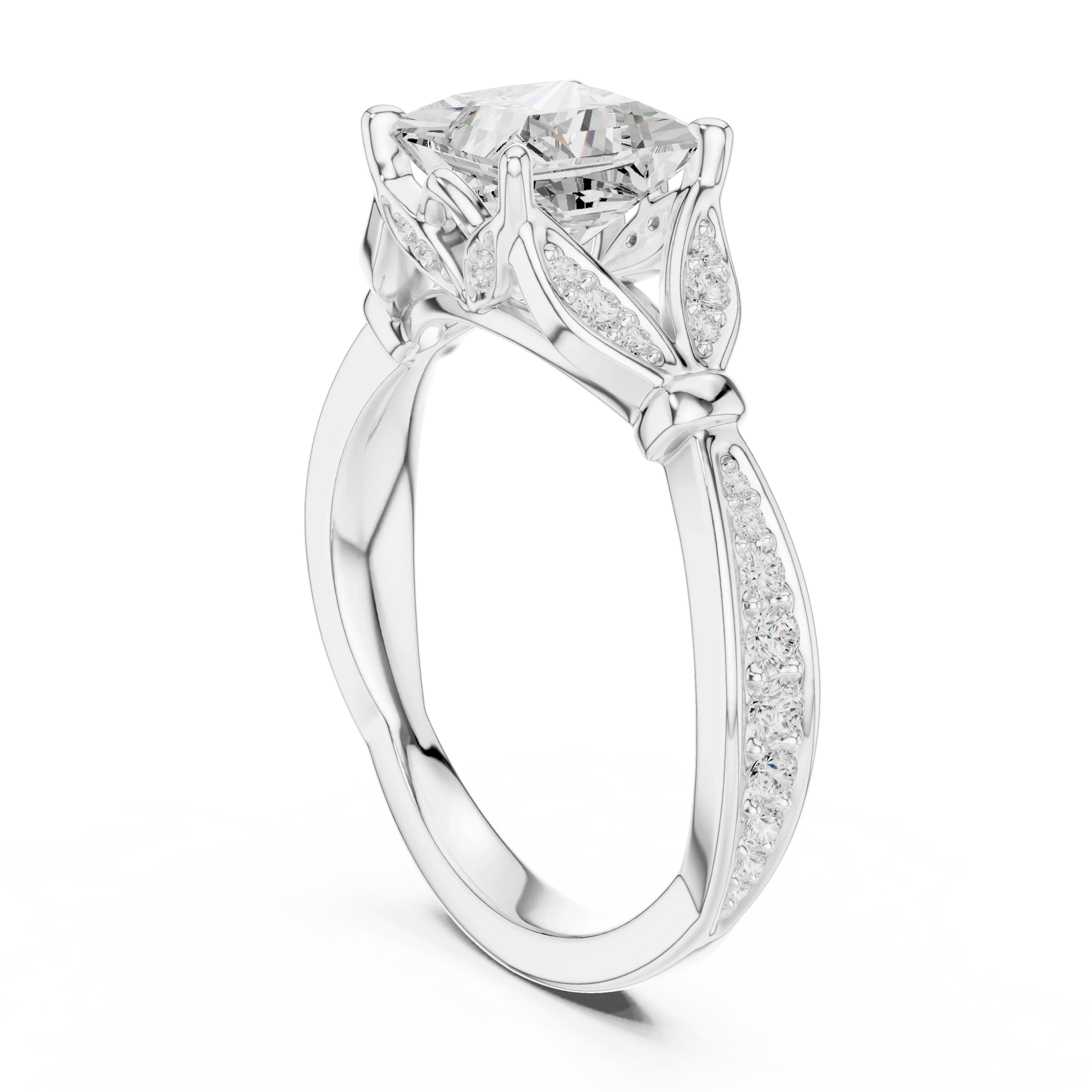 Back side view of white gold princess solitaire ring with floral milgrain pave band and lab-grown diamond – Australia