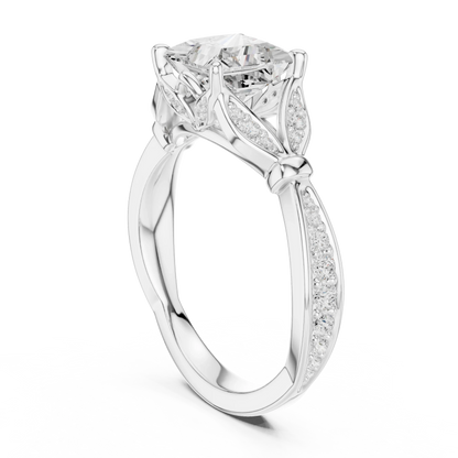 Back side view of white gold princess solitaire ring with floral milgrain pave band and lab-grown diamond – Australia