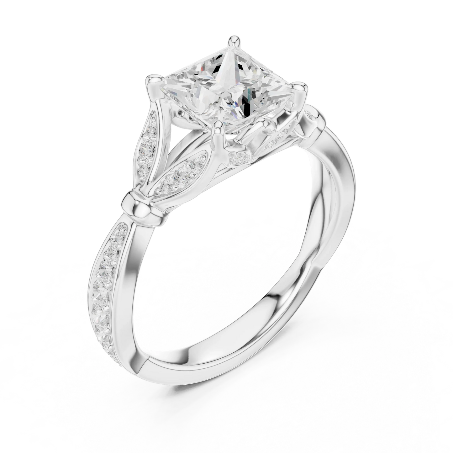 Front view of white gold princess solitaire ring with floral milgrain pave band and lab-grown diamond – Australia