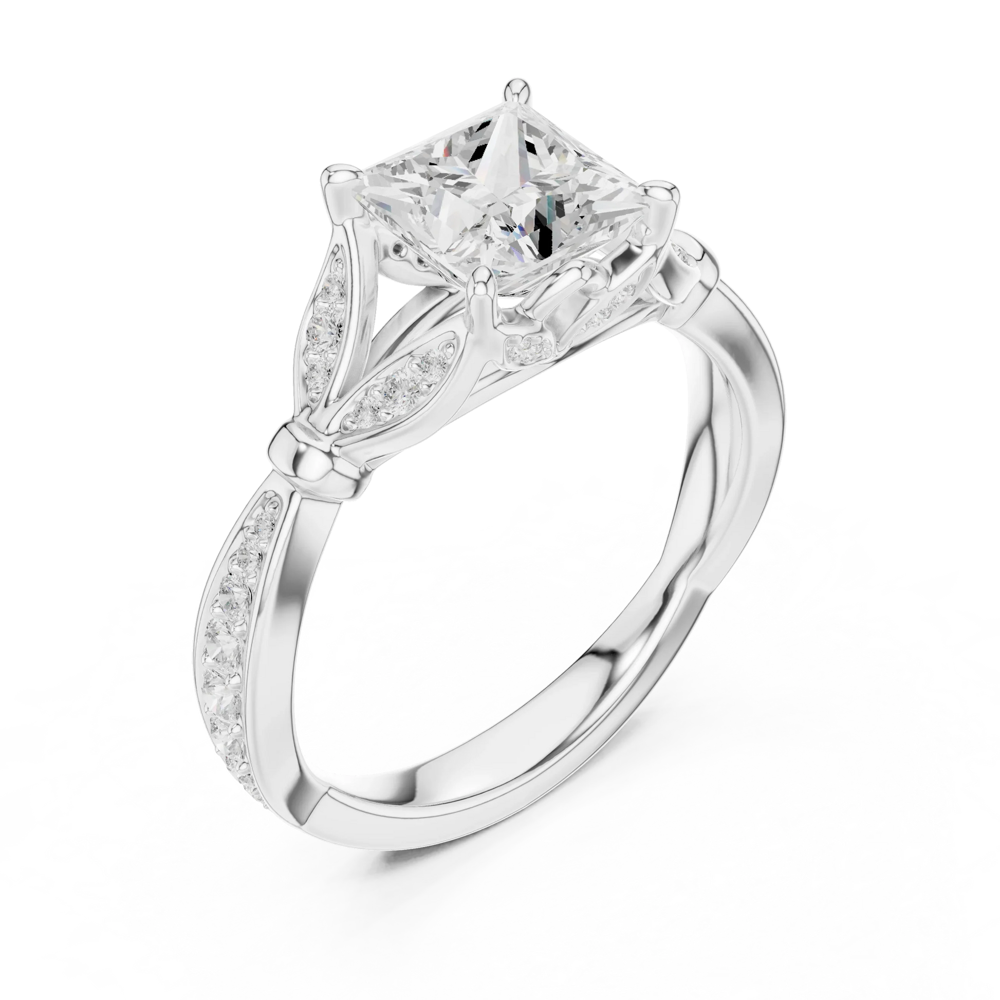 Front view of white gold princess solitaire ring with floral milgrain pave band and lab-grown diamond – Australia