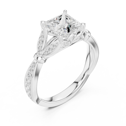 Front view of white gold princess solitaire ring with floral milgrain pave band and lab-grown diamond – Australia