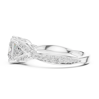 Side view of white gold princess solitaire ring with floral milgrain pave band and lab-grown diamond – Australia