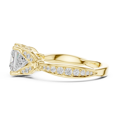 Side view of yellow gold princess solitaire ring with floral milgrain pave band and lab-grown diamond – Australia