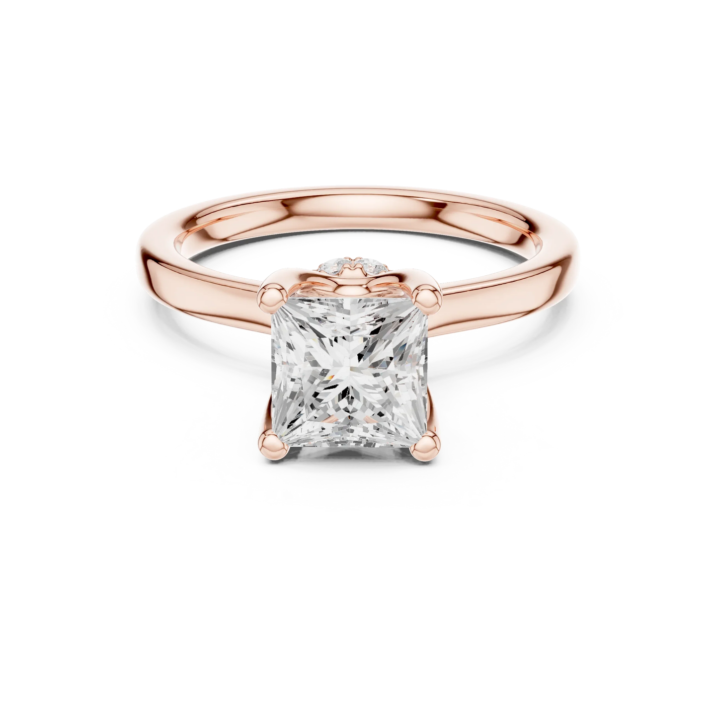 Rose gold princess cut solitaire ring with hidden halo and domed band featuring lab-grown diamond, modern look