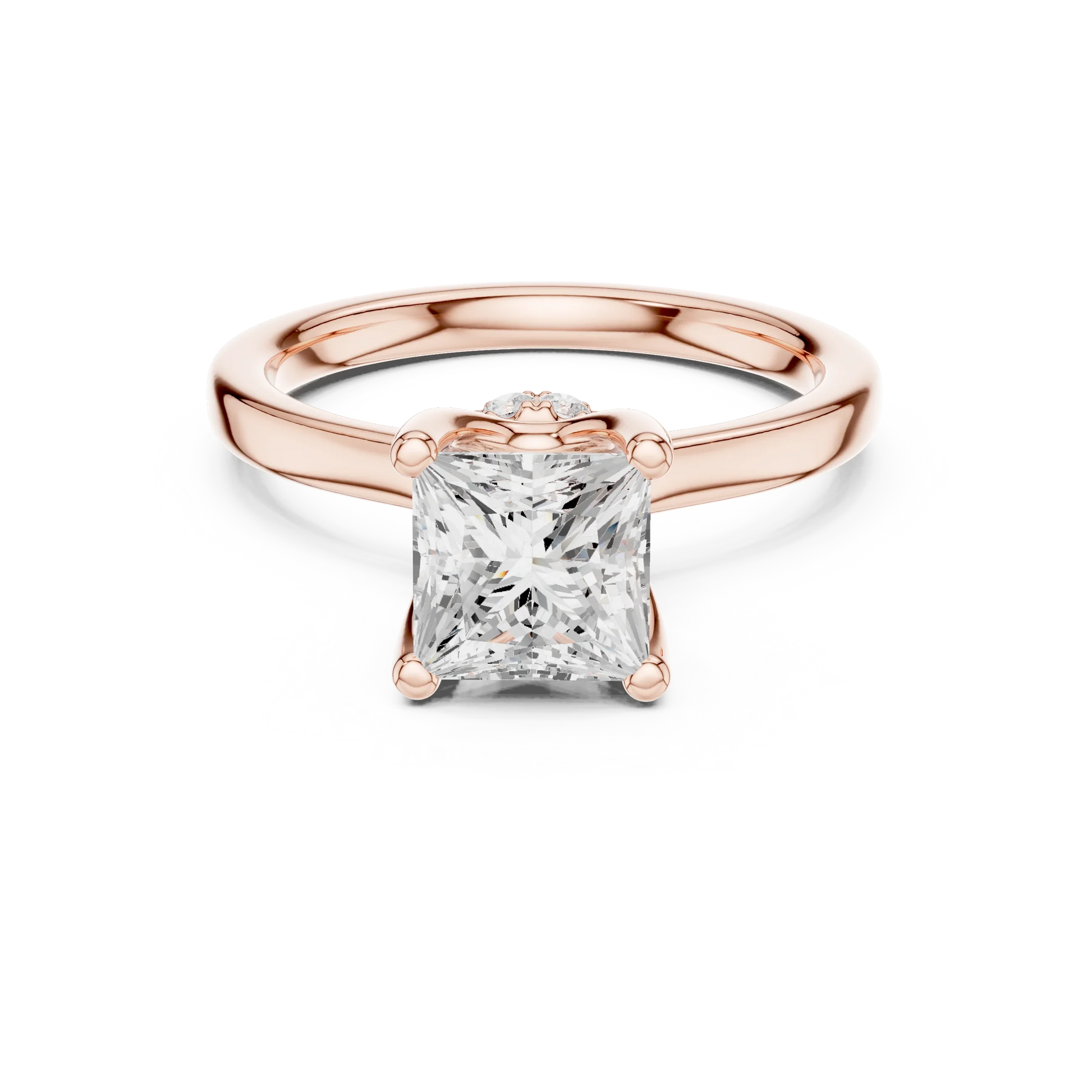 Rose gold princess cut solitaire ring with hidden halo and domed band featuring lab-grown diamond, modern look