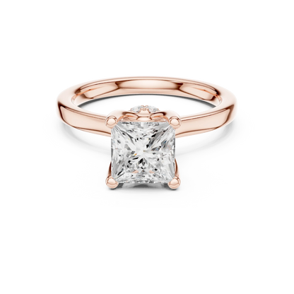 Rose gold princess cut solitaire ring with hidden halo and domed band featuring lab-grown diamond, modern look