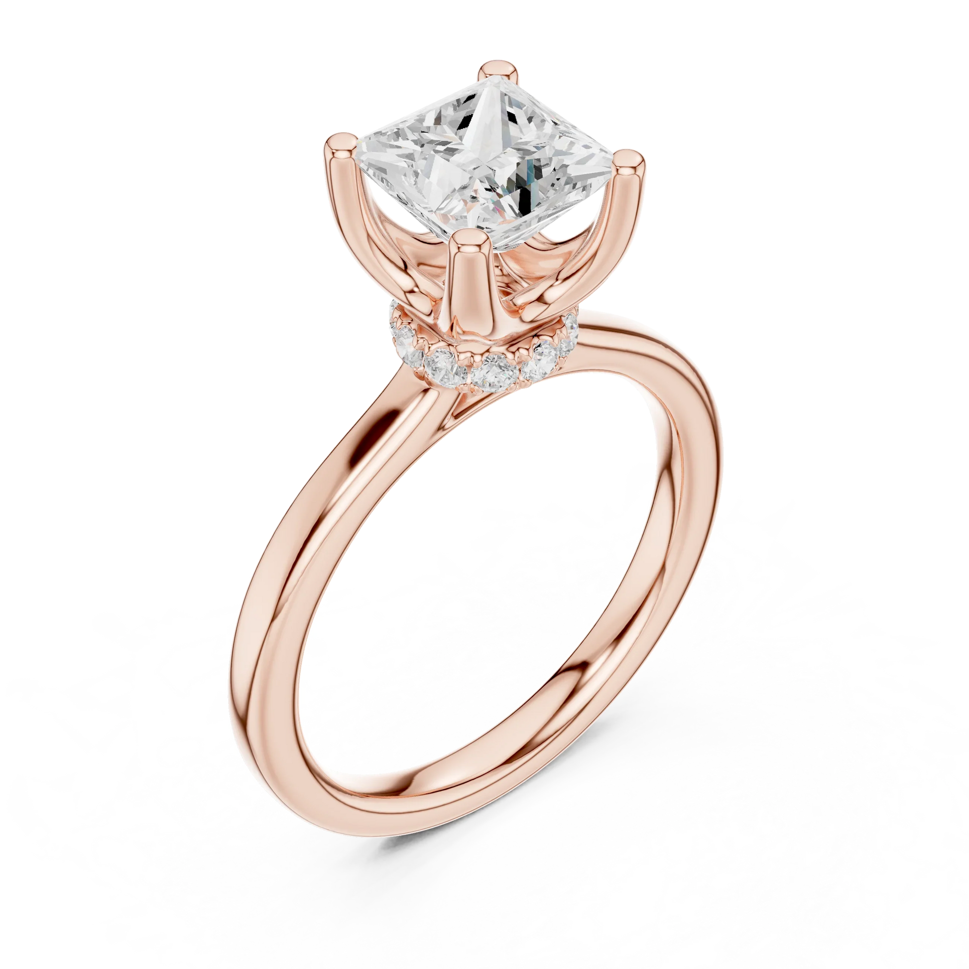 Front view of rose gold princess cut solitaire ring with hidden halo and domed band and lab-created diamond