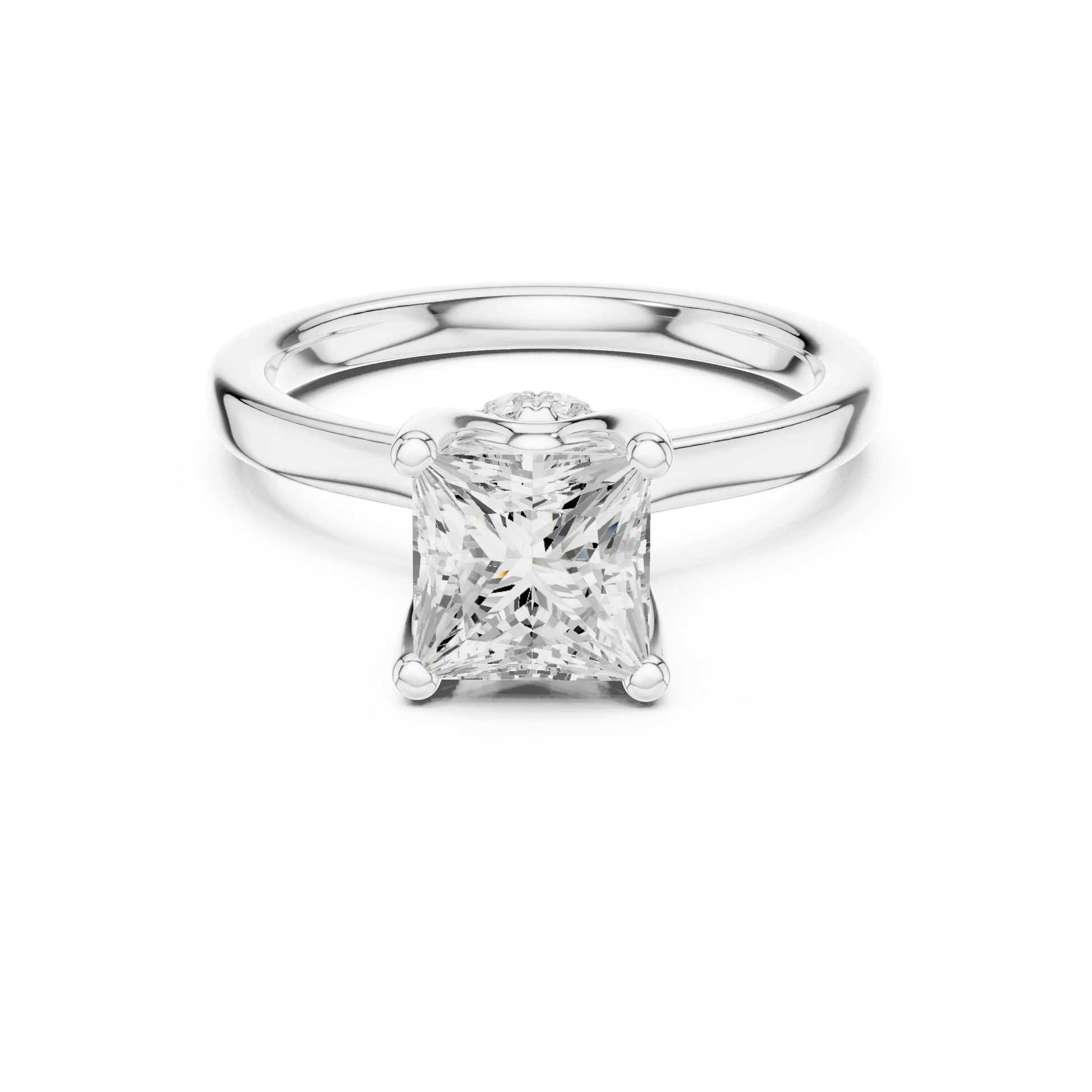 White gold princess cut solitaire ring with hidden halo and domed band featuring lab-grown diamond, elegant design
