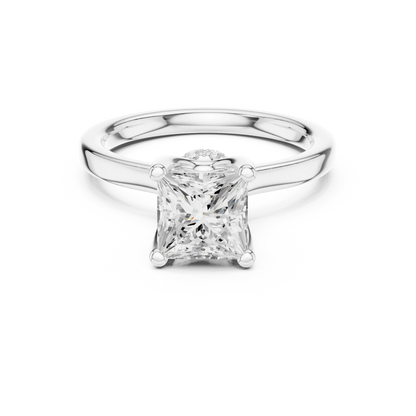 White gold princess cut solitaire ring with hidden halo and domed band featuring lab-grown diamond, elegant design