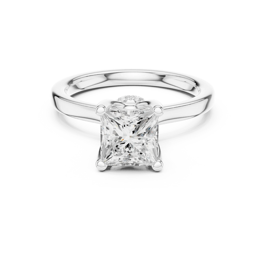 White gold princess cut solitaire ring with hidden halo and domed band featuring lab-grown diamond, elegant design