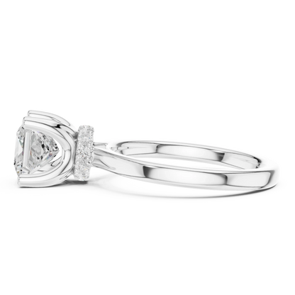 Side view of white gold princess cut solitaire ring highlighting hidden halo and domed band design