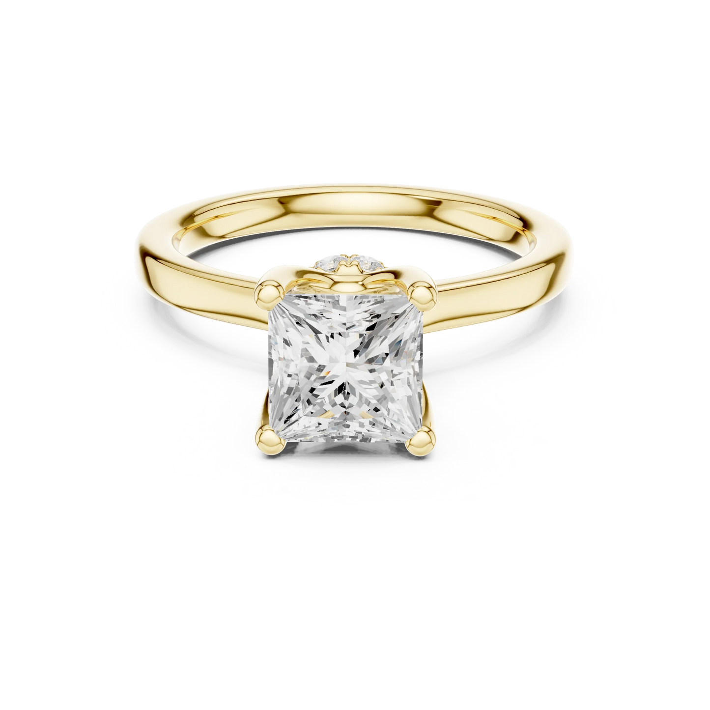 Yellow gold princess cut solitaire ring with hidden halo and domed band featuring lab-grown diamond, classic style