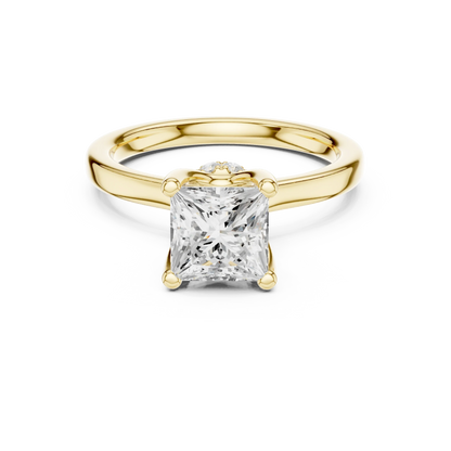 Yellow gold princess cut solitaire ring with hidden halo and domed band featuring lab-grown diamond, classic style