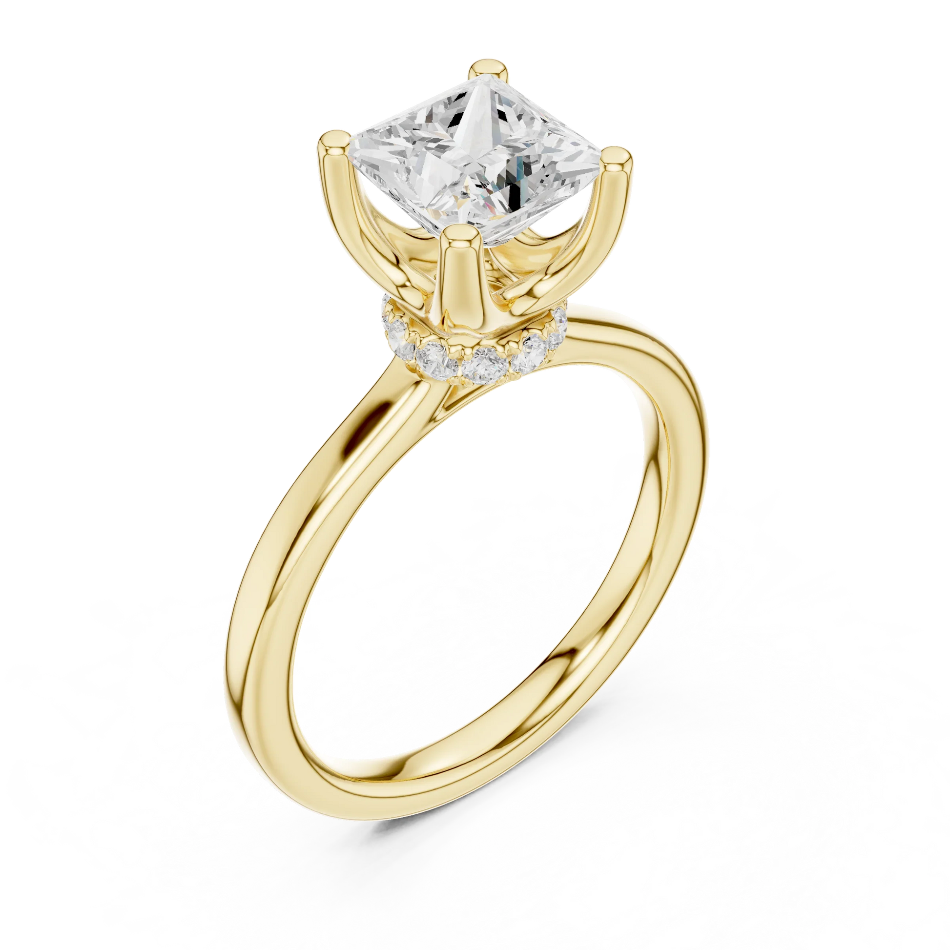 Front view of yellow gold princess cut solitaire ring with hidden halo and domed band and lab-created diamond