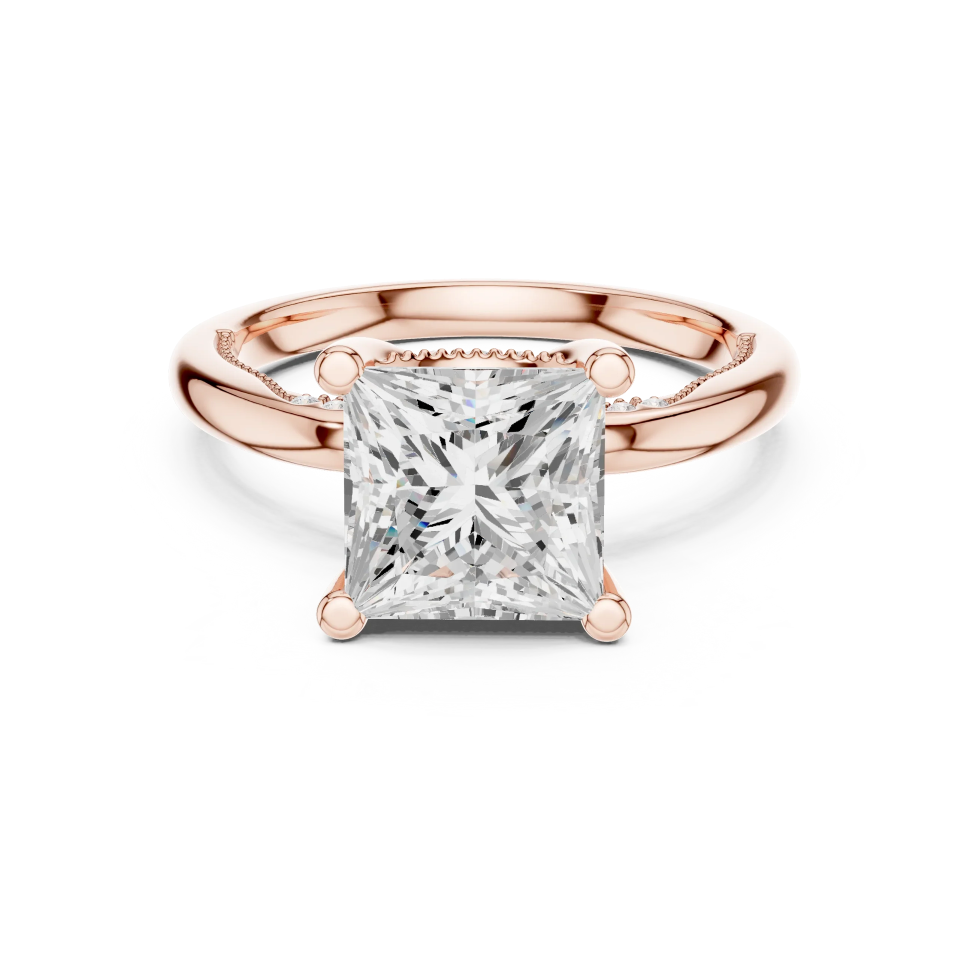 Rose gold princess cut solitaire ring with hidden halo and domed band featuring lab-grown diamond, modern look