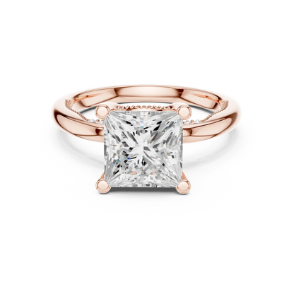 Rose gold princess cut solitaire ring with hidden halo and domed band featuring lab-grown diamond, modern look